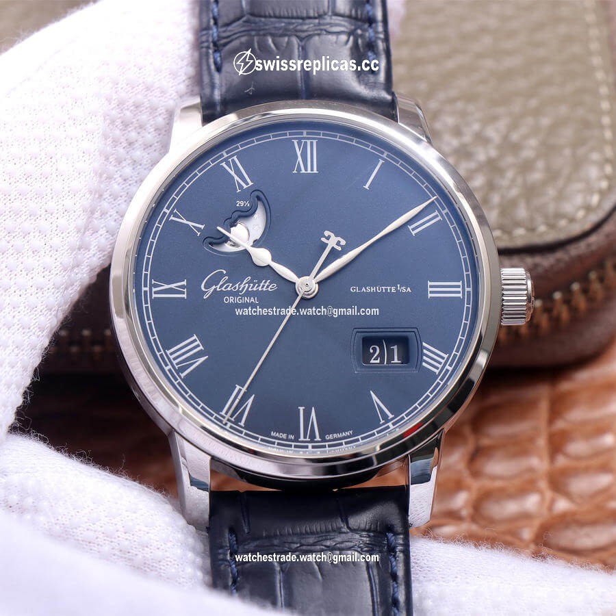 Glashutte Senator Moon Phase 1-36-04 V9 Factory Blue Leather Strap