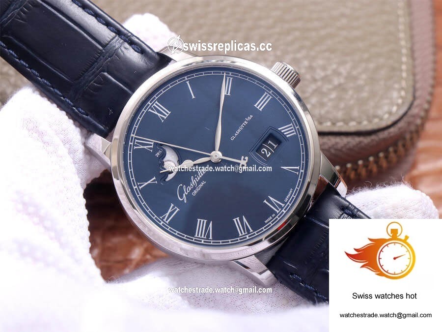 Glashutte Senator Moon Phase 1-36-04 V9 Factory Blue Leather Strap 2